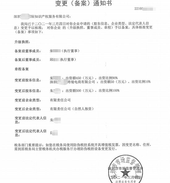 深圳前海某国际知识产权服务有限公司变更